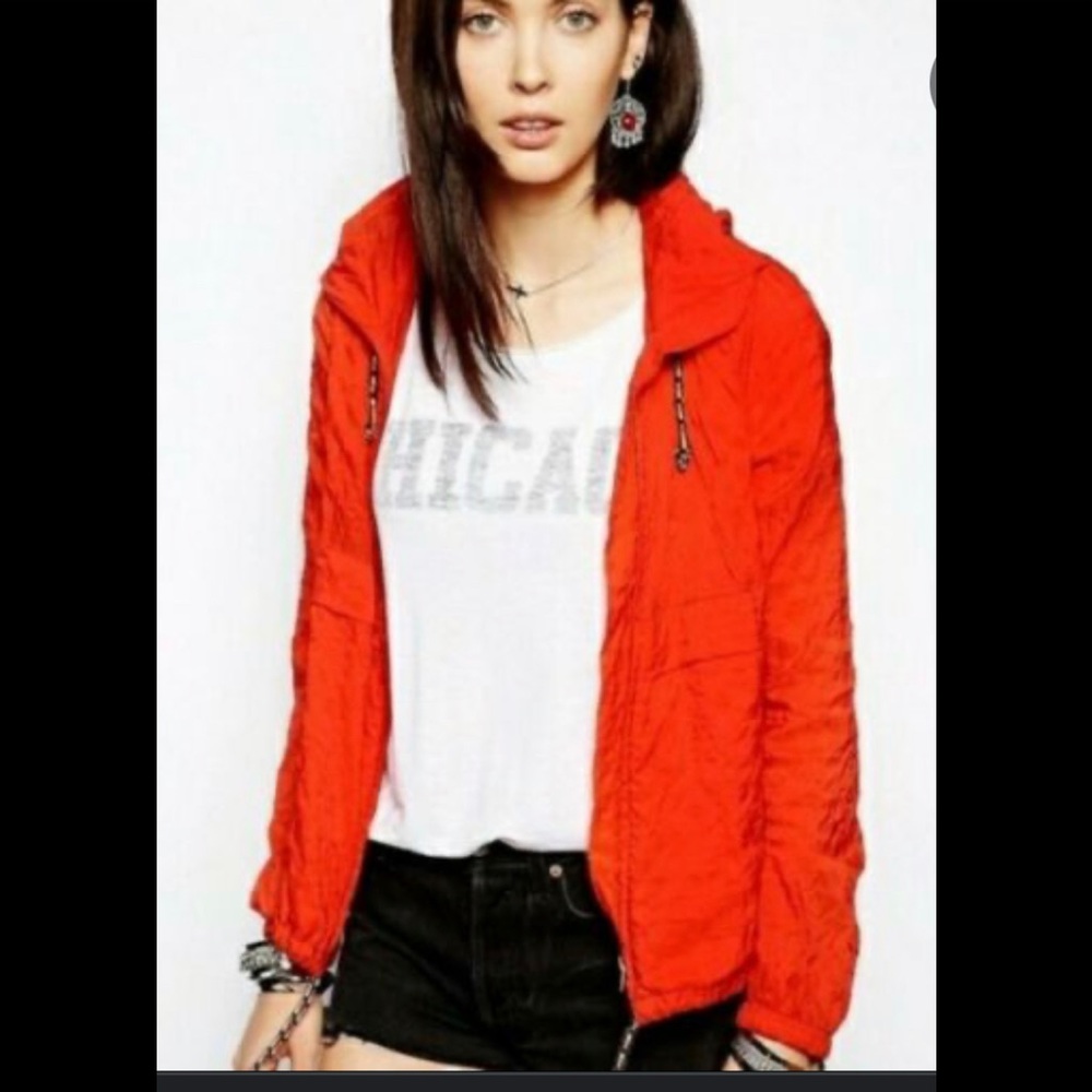 Free People Orange Packable Hooded Windbreaker Jacket